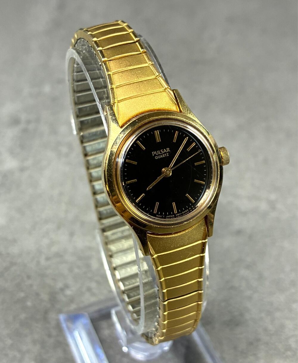 Pulsar Women's Gold-Tone Quartz Watch 23mm Black Dial Speidel Bracelet Working